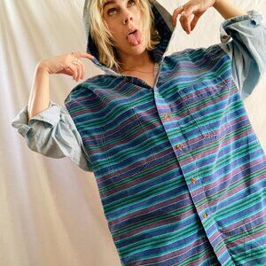 90s Hooded Button-Down Hoodie XL Stripes Cotton Denim IOU EUC Retro Vintage